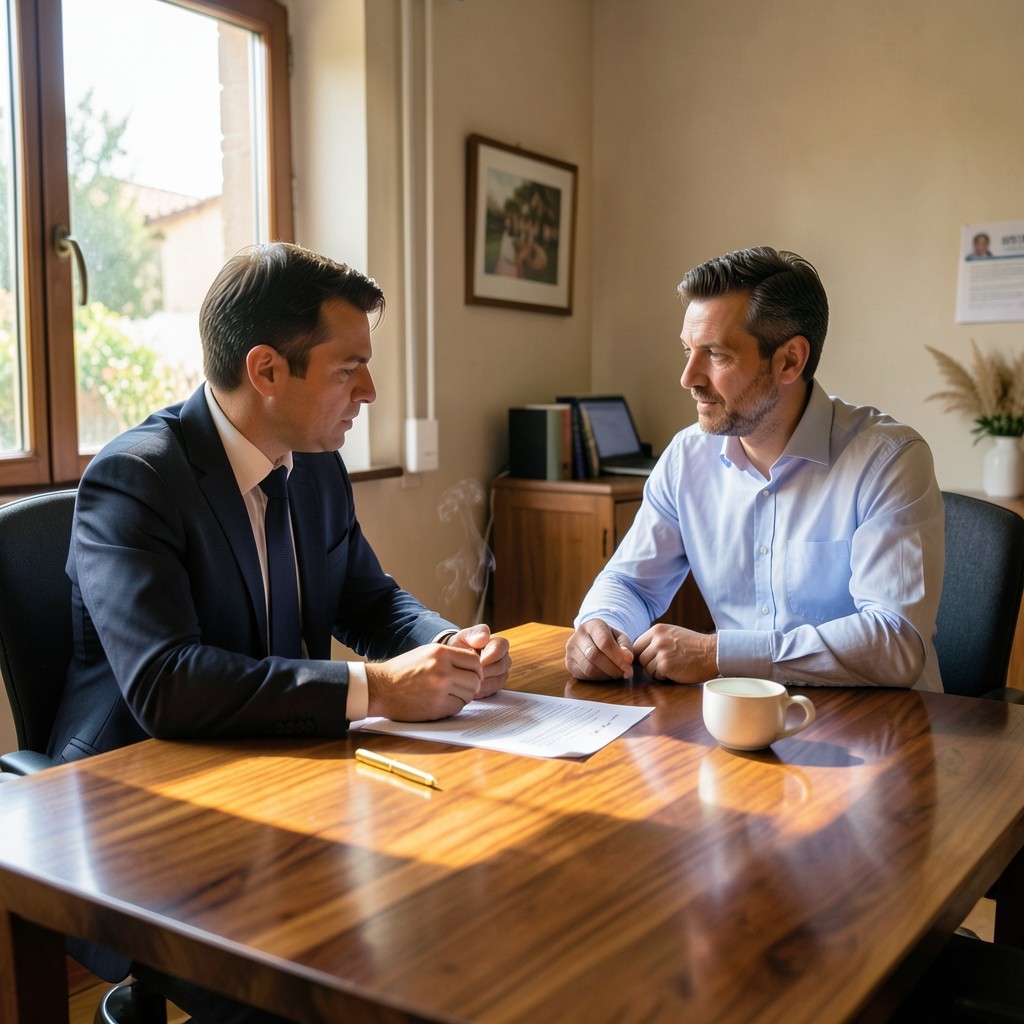 Reunión de consultoría laboral con documentos de expediente sobre mesa de madera